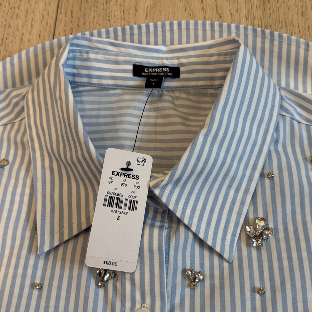 Express Embellished Striped Boyfriend Portofino Shirt in Size S | New With Tags - Picture 5 of 13